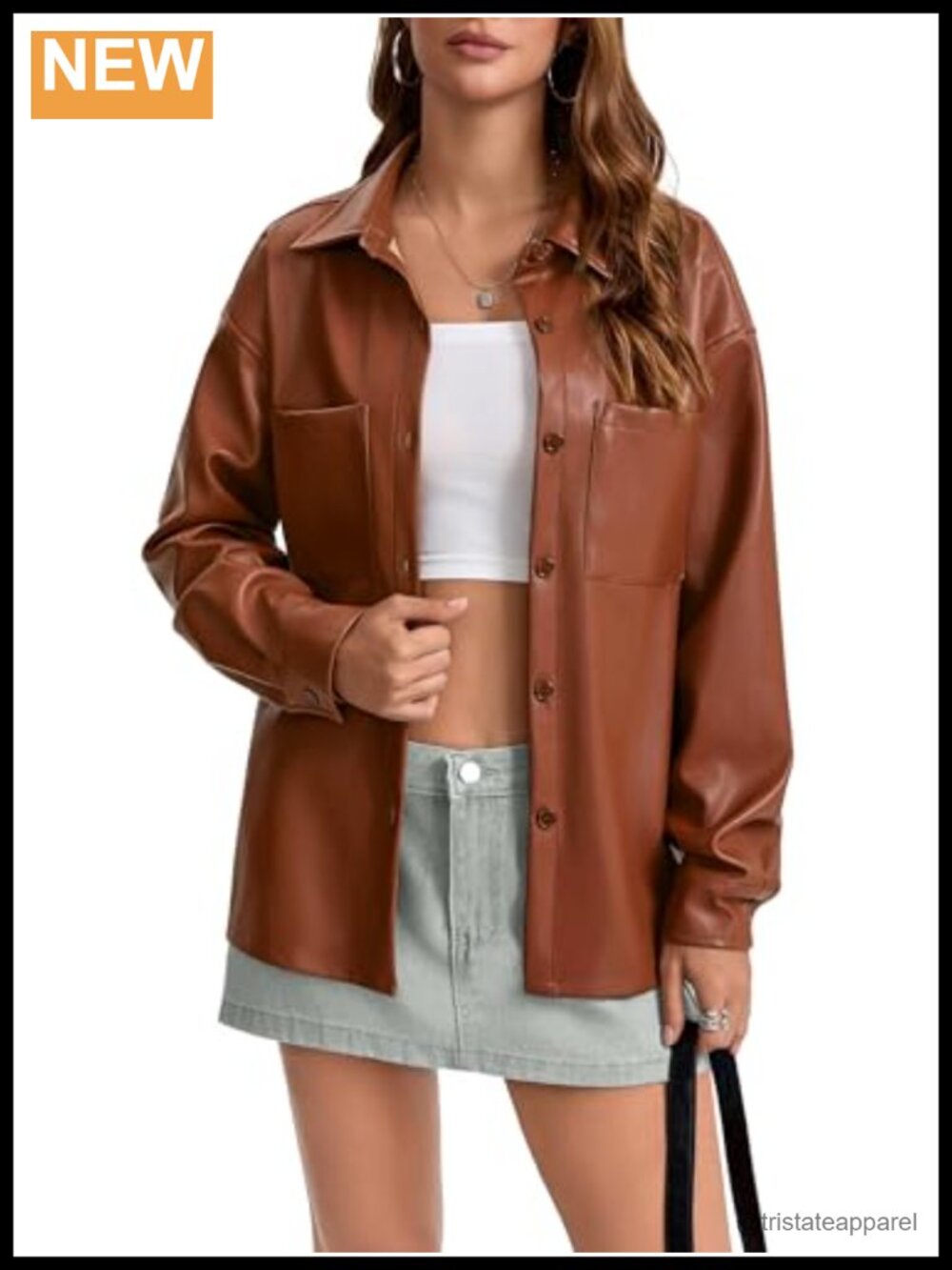 Women's Faux Leather Shacket Button-Down Long Sleeve PU Jacket